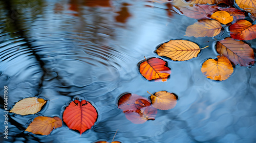 Abstract patterns formed by autumn leaves on the surface of calm water, creating reflections with a twist