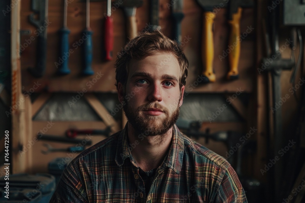 Portrait of a handsome carpenter in a factory workshop, capturing the essence of skilled labor and dedication. Portrait of a handsome carpenter in a factory workshop, capturing the essence of skilled labor and dedication.