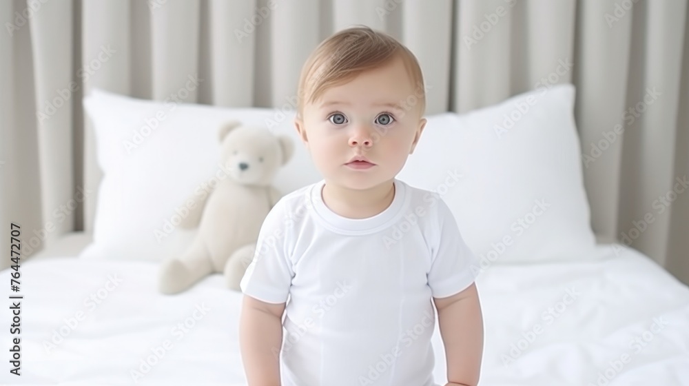 Baby wearing white shirt bodysuit mockup, at white bed background. Design onesie template, print presentation mock-up Baby wearing white shirt bodysuit mockup, at white bed background. Design onesie template, print presentation mock-up