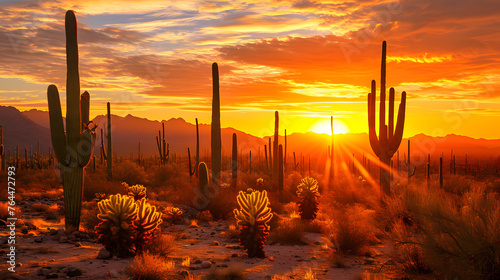 The iconic silhouette of a cactus forest against the warm hues of a desert sunset photo