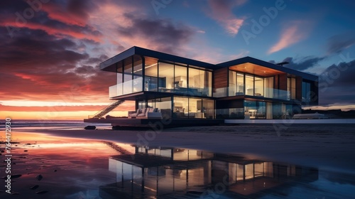 Beautiful glass home on an ocean beach at sunset. Luxury house