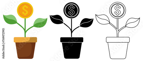 Set vector money tree plant dollar coin icon. investment growth symbol template design illustration