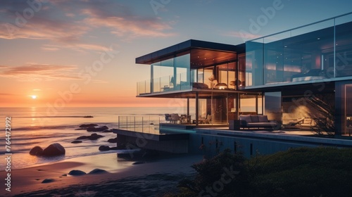 Beautiful glass home on an ocean beach at sunset. Luxury house