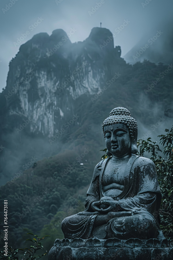 A buddha statue in front of mountains