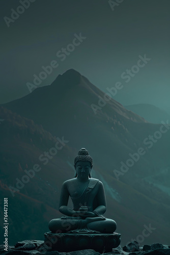 A buddha statue in front of mountains © grey