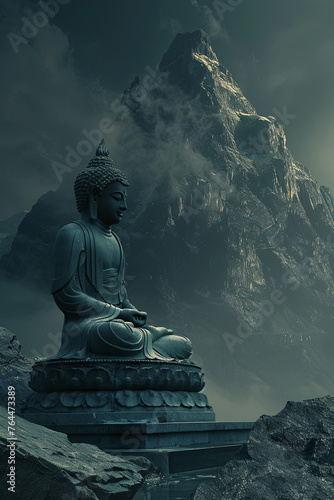 A buddha statue in front of mountains