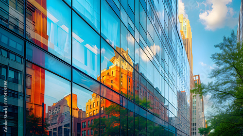 Reflections of urban landscapes in glass buildings, blending the natural and man-made elements in a unique composition