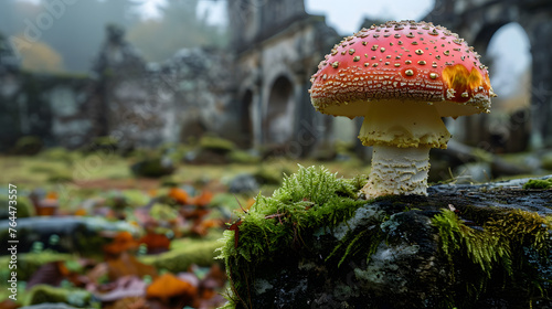 Old ruins and capture the juxtaposition of vibrant fungi against the backdrop of weathered and ancient structures