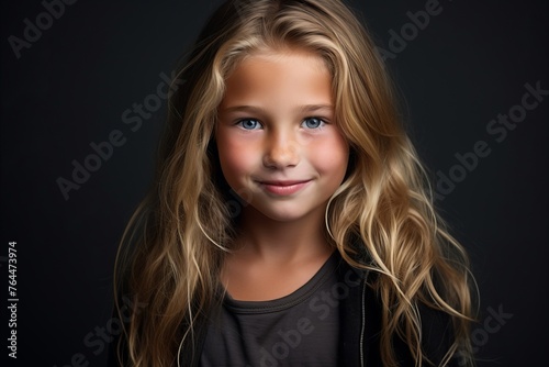 Portrait of a cute little girl with long blond hair. Studio shot.