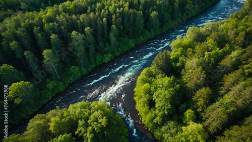 River running through forest aerial 