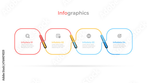 Timeline infographics with colorful rectangular boxes arranged in a square shape. Business concept with 4 options and steps.