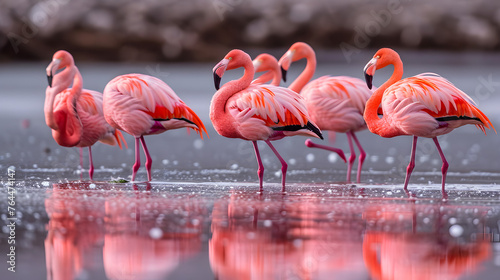 Flamingos wading in saltwater lagoons, capturing the contrast between their pink plumage and the reflective water photo