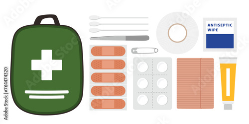 Travel first aid kit flat vector illustration set. Small pouch with various medical items including bandages, ointment and medication. 