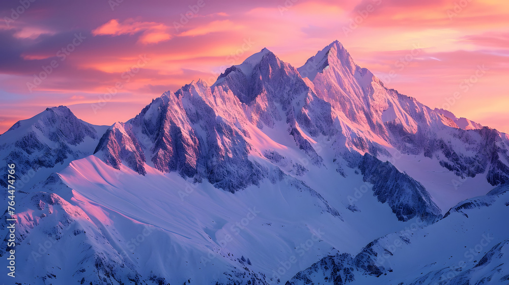 The warm and rosy hues of alpenglow on mountain peaks during sunrise or sunset. The play of light on the snow can be breathtaking