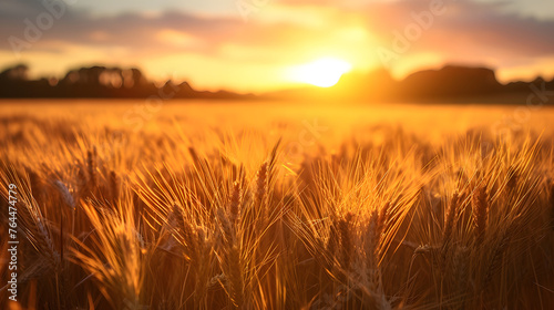 The warm glow of fields of wheat during the golden hour. Experiment with different compositions to emphasize the texture and movement