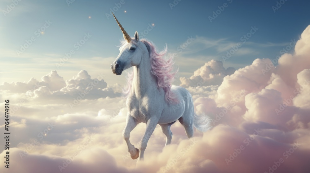 Fototapeta premium Adorable Unicorn on Flying Cloud