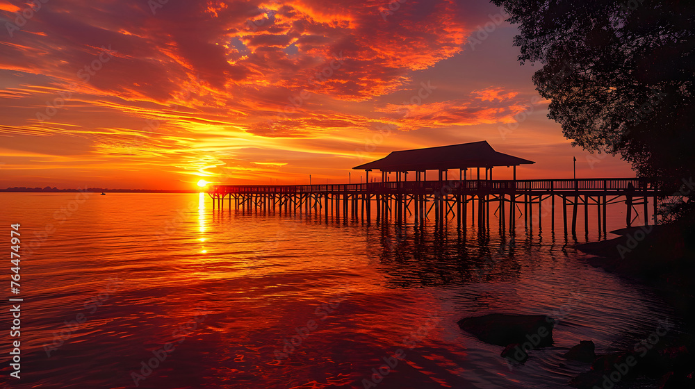 The silhouette of a pier against a stunning sunset. This can create a tranquil and romantic scene