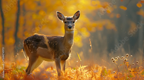 The serenity of deer in autumn forests, surrounded by colorful foliage. Use the soft light to highlight the natural beauty