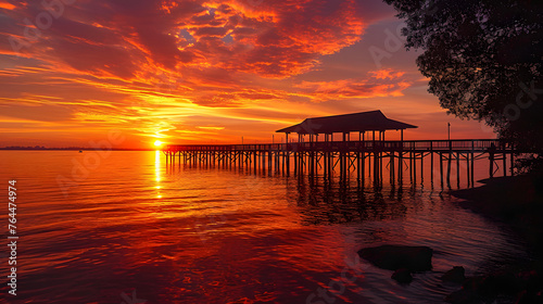 The silhouette of a pier against a stunning sunset. This can create a tranquil and romantic scene