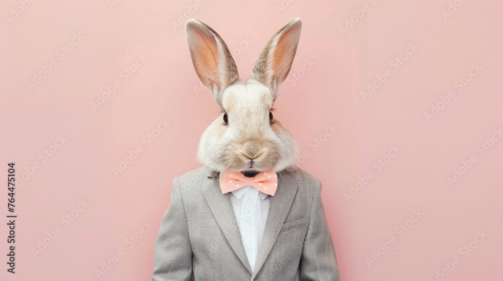 Obraz premium A sophisticated rabbit, posed in a light grey suit with a pastel bow tie, presents a dashing image of charm against a soft pink backdrop, merging the animal kingdom with the elegance of high society.