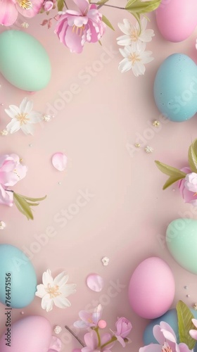 Easter Celebration Frame. A Cheerful Arrangement of Decorated Eggs and Fresh Spring Florals Creating a Festive Border. Pastel Easter Eggs Adorned with Patterns Nestled Among Blossoming Flowers.