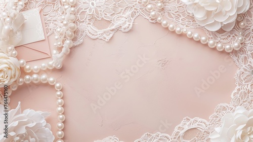 Delicate white lace and lustrous pearls frame a soft pink background, evoking elegance and romance, perfect for a bridal shower invitation or wedding theme. Flat lay, top view, copy space.