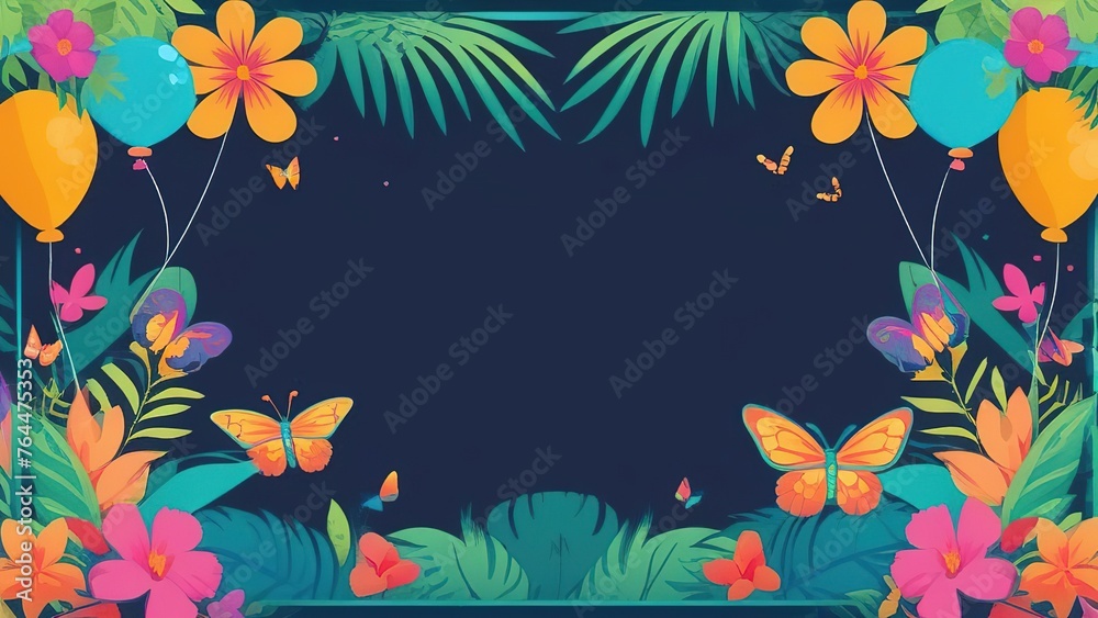  frame with tropical leaves, butterflies and birds. Birds, butterflies, tropical flowers. Background with place for text. Floral frame for design of birthday invitations, cards.