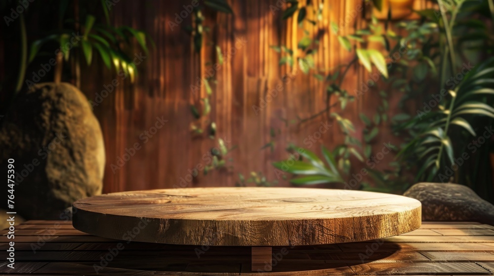 A rustic wooden podium bathed in warm light, nestled amidst lush greenery and bamboo, evoking tranquility and a connection with nature in an ambient-lit room.