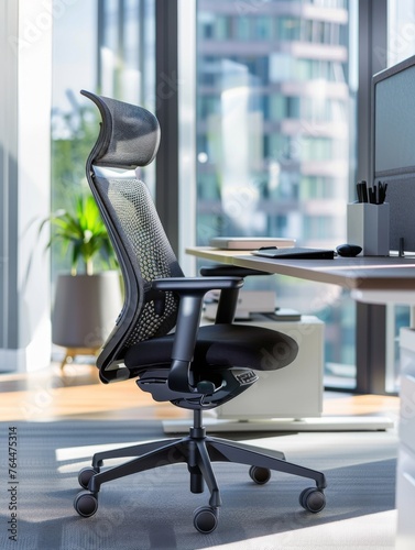 An ergonomic office chair and stylish desk accessories define a professional workspace, marrying modern design with comfort for productivity and wellbeing. photo