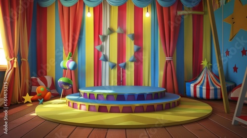 A vibrant, 3D-rendered circus tent scene with a central podium, colorful balloons, and decorative spheres against a striped backdrop, exuding a festive, playful atmosphere. Product Stand.