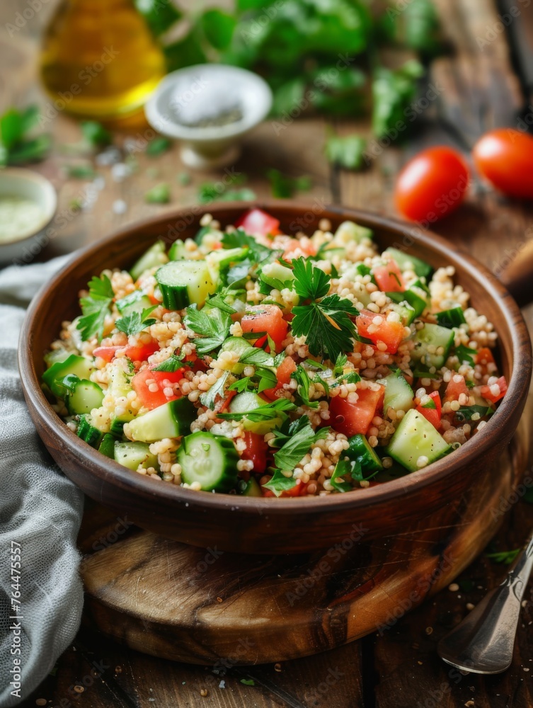 Hearty bulgur wheat salad in a terracotta bowl, mingled with crisp cucumbers, ripe tomatoes, and fresh herbs, epitomizing wholesome dining.