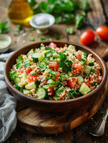 Hearty bulgur wheat salad in a terracotta bowl, mingled with crisp cucumbers, ripe tomatoes, and fresh herbs, epitomizing wholesome dining.