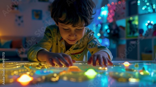 A young child explores a magical AR educational game, bathed in colorful lights with a Christmas tree backdrop, merging play with futuristic learning.
