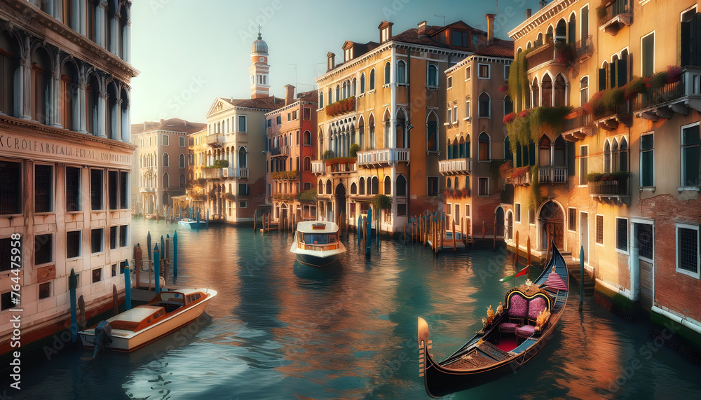 A photograph of Venetian canal with historic buildings lining the waterway. A traditional gondola, ornately decorated and moored by the side, adds a touch of Venice's iconic charm