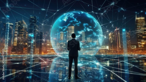 Businessman generating wireframe business global network connection on worldwide digital marketing customer data analytics. Globalization strategy and smart city technology virtual AI theme