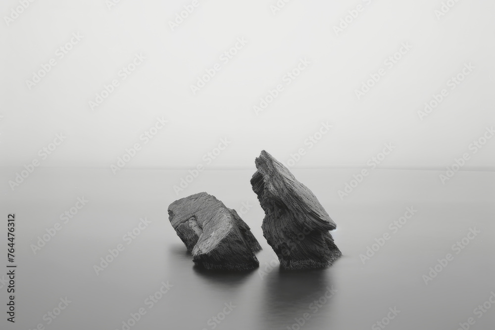 Fototapeta premium Monochrome Seascape with Jagged Rocks, Black and White Long Exposure Style Rocks in Water. Generative AI. 