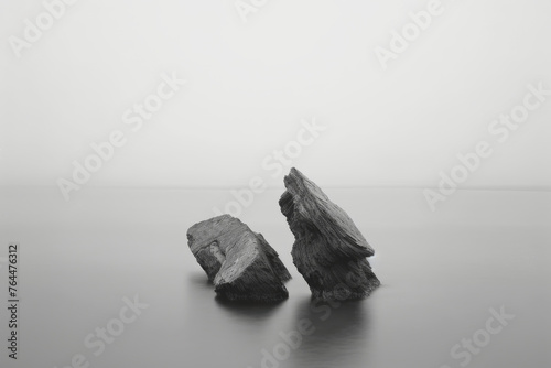 Monochrome Seascape with Jagged Rocks, Black and White Long Exposure Style Rocks in Water. Generative AI. 