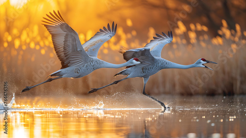 Sandhill cranes in wetland habitats, capturing their graceful movements and interactions. Pay attention to the reflections in the water