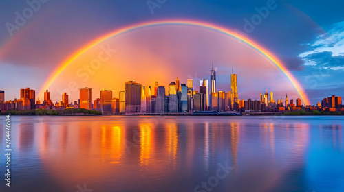 Rainbows after a rain shower. This could be over landscapes, waterfalls, or urban scenes photo
