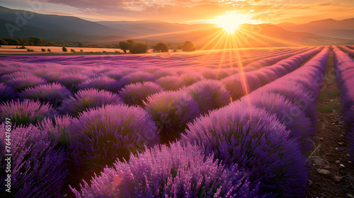 Lavender fields during the golden hour. The warm sunlight can enhance the vibrant purples and create a dreamy atmosphere