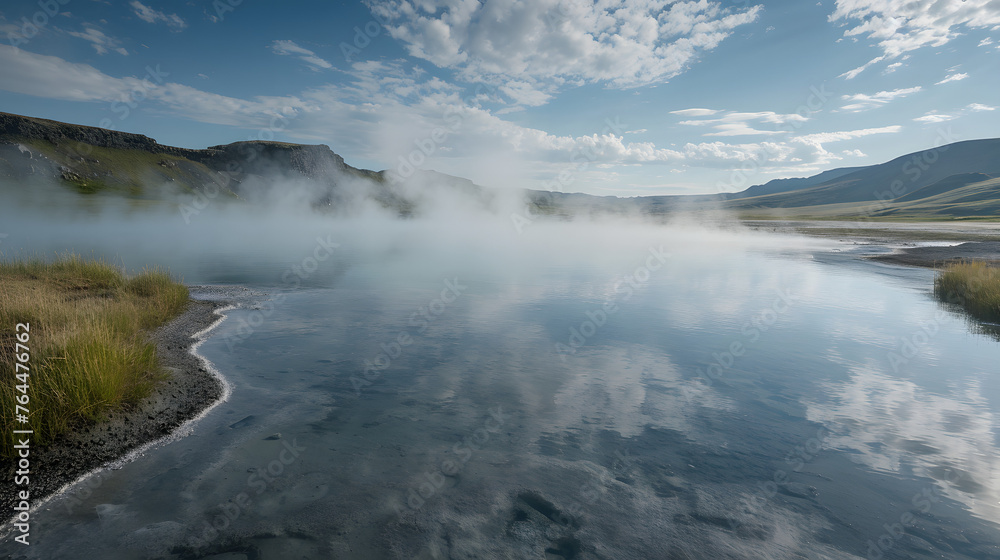 Geothermal areas with bubbling hot springs. Capture the dynamic and surreal landscape created by these natural features