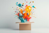 A gift box with many things bursting forth, bursting out new ideas, new thoughts and so on.