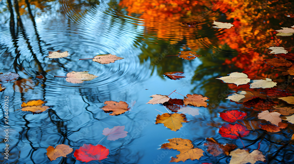 Autumn leaves reflecting on still waters. The colors and patterns can create a double-layered visual feast Autumn leaves reflecting on still waters. The colors and patterns can create a double-layered visual feast