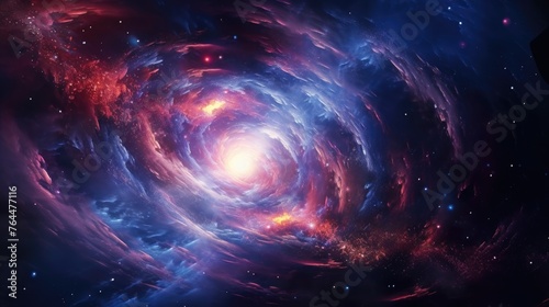 Cosmic voyage, celestial dance of space scene with swirling galaxy, nebula, and distant planet, power and energy of swirling galaxies and dark matter in space, glowing star fantastic background