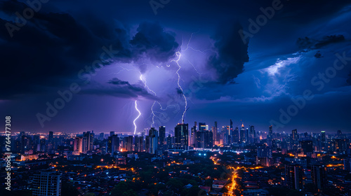 City skylines during nighttime lightning storms. The contrast between urban lights and natural lightning can be electrifying