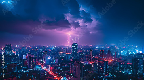 City skylines during nighttime lightning storms. The contrast between urban lights and natural lightning can be electrifying photo