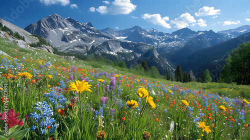 Alpine meadows during the summer and capture the vibrant colors of wildflowers against the backdrop of majestic mountains photo
