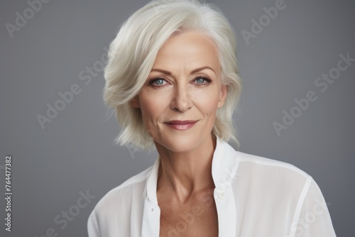 Portrait of beautiful mature woman with grey hair. Looking at camera.