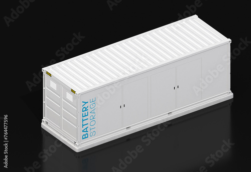 Isometric view of Containerized Battery Energy Storage System isolated on black background. Generic design. 3D rendering image.