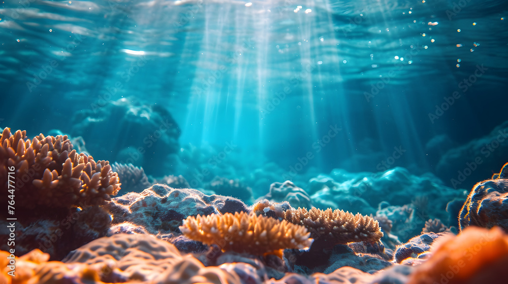 Underwater environments, explore the beauty beneath the surface. Capture marine life, coral reefs, or the play of sunlight on the ocean floor - obrazy, fototapety, plakaty 